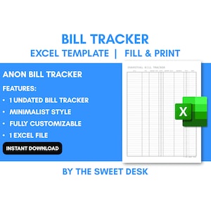 EDITABLE Perpetual Bill Payment Tracker | Excel Bill Tracker Template | Undated Bill Planner | Payment Checklist | Printable US Letter