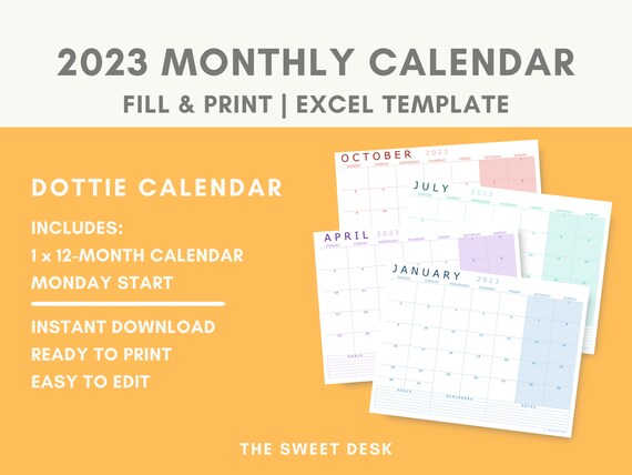 Simple Calendar 2023 PRINTABLE Monday Start Calendar Excel - Etsy