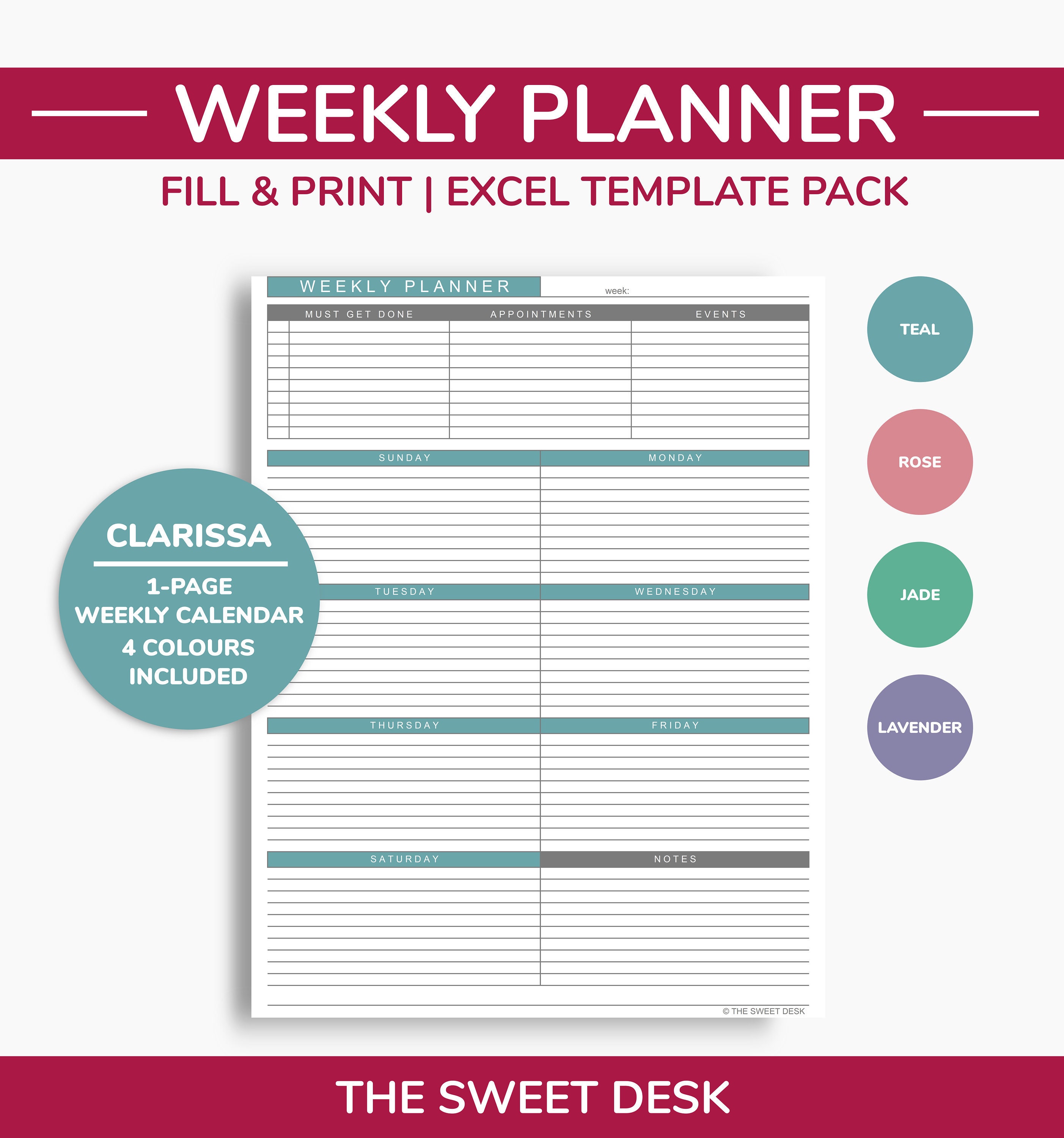 PRINTABLE Excel Weekly Planner Template, EDITABLE Undated Onepage