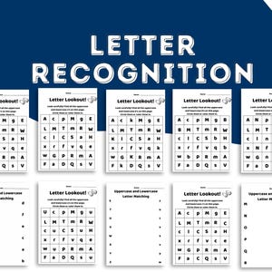 Hojas de trabajo de reconocimiento de letras / Observación de letras y correspondencia entre mayúsculas y minúsculas / Práctica del alfabeto para preescolar y jardín de infantes / 30 páginas en PDF
