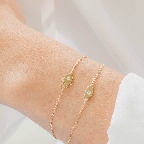 Diamond Hamsa Hand Bracelet in 14k Gold Hamsa Bracelet Etsy