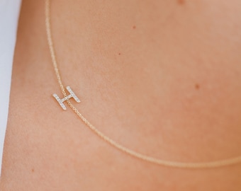 14k Gold Side Diamond Initial Necklace