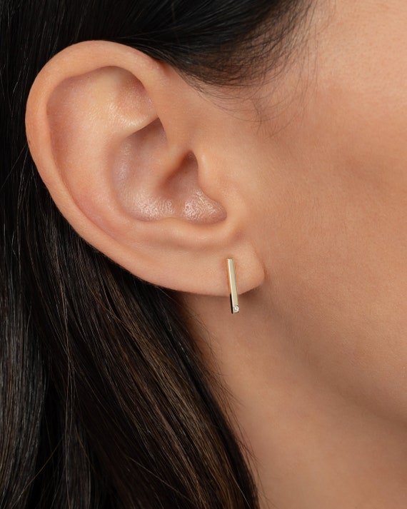 14k Gold Bar Stud Earrings With Tiny Diamonds Etsy