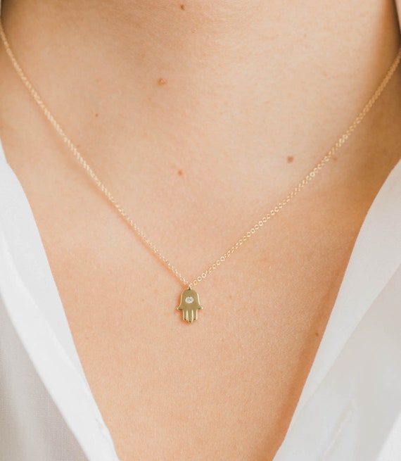 14k Gold Small Diamond Hamsa Necklace 