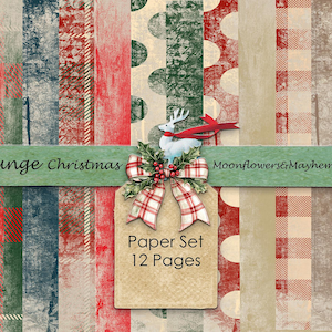 Op de afbeelding: Een set van 12 digitale achtergrondpapieren met een grunge kerstthema. De papieren bevatten een verscheidenheid aan patronen, waaronder ruit, strepen, stippen en houtnerf. De kleuren zijn rood, groen, wit en bruin. De papieren zijn perfect voor scrapbooking, kaart maken en andere knutselprojecten. Grunge Christmas Paper Set 12 Pages.