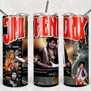 May include: A stainless steel tumbler with the name "JIMI HENDRIX" in red block letters. The tumbler features images of Jimi Hendrix playing guitar, with the quote "WHEN THE POWER OF LOVE OVERCOMES THE LOVE WORLD WILL KNOW PEACE."