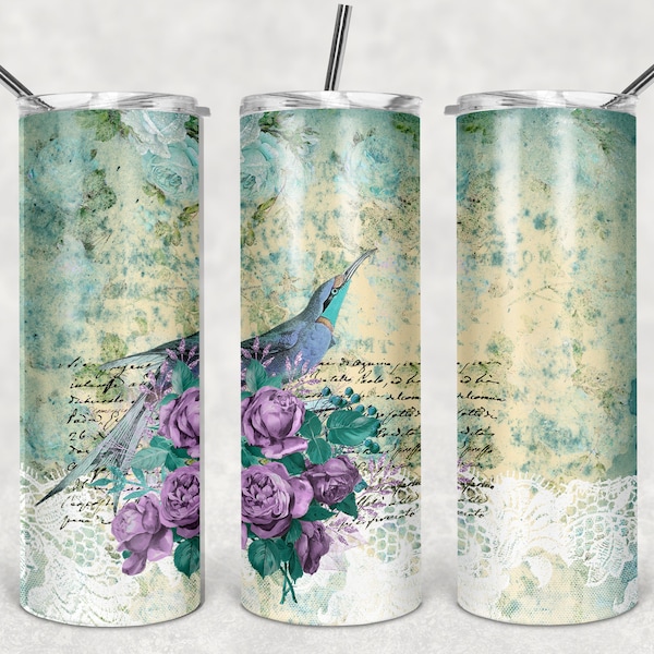 Tumbler Design Vintage Floral Mauve w/Hummingbird, White Lace. Sublimation Digital Download for Skinny 20oz Tumblers and More! PNG & JPG