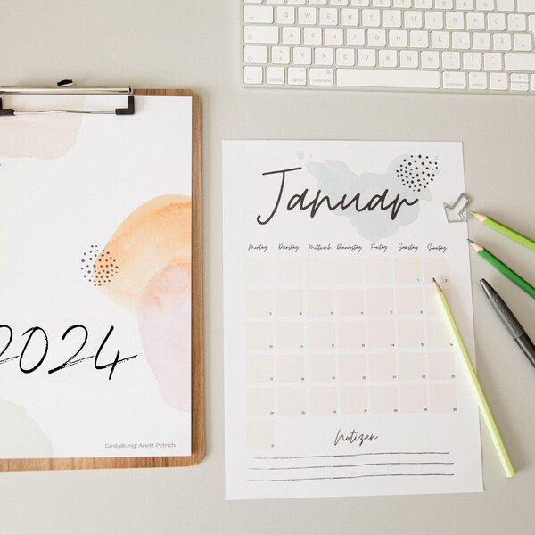Kalender 2024 mit Klemmbrett, Jahreskalender, Planer, Kalligrafie, Aquarell, Wandkalender