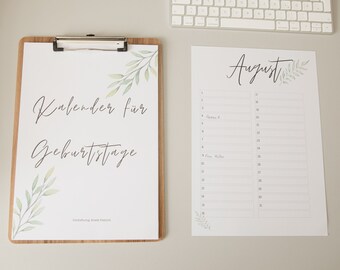 Birthday calendar with clipboard, annual calendar, planner, perpetual, calligraphy, watercolor