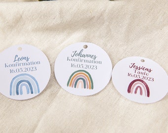 Anhänger personalisiert zur Taufe Kommunion Konfirmation Firmung | 10 Stück | individuell | 160 gr Papier | Regenbogen