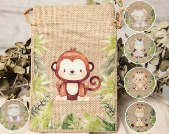 Jute gift bag with cord | Safari | Children's birthday | jungle | Jute gift wrapping | Gift bag | monkey | tiger