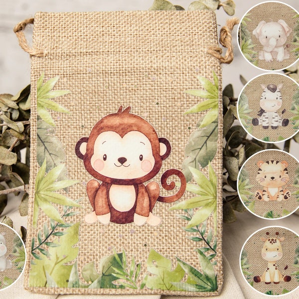 Geschenkbeutel aus Jute mit Kordel | Safari | Kindergeburtstag | Dschungel | Geschenkverpackung aus Jute | Geschenktüte | Affe | Tiger