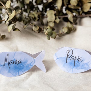 Plaatskaartjes doop | Naamplaatjes | Plaatskaarten | 6 naamkaartjes voor communie, bevestiging als vis