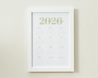 Annual calendar 2026 A4 green | Minimalist annual overview as a PDF for printing | Download calendar | Annual overview