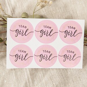 May include: Six pink round stickers with gold glitter and the text "Team girl" in black cursive writing.