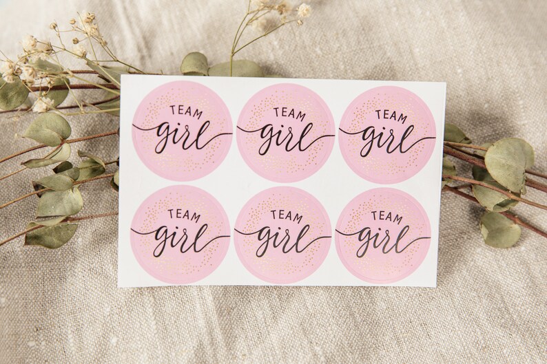 May include: Six pink round stickers with gold glitter and the text "Team girl" in black cursive writing.