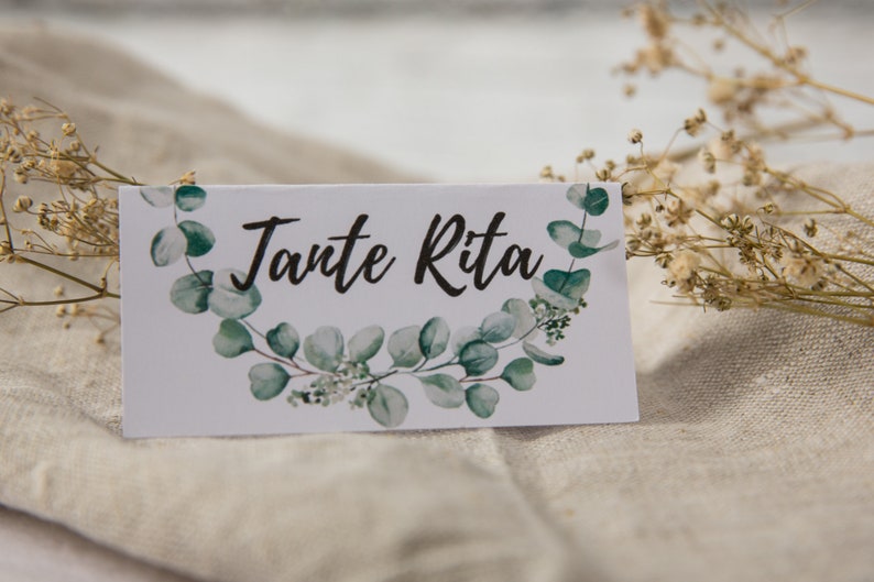 Seat ticket Place card Name tag eucalyptus 6 pcs for birthday wedding communion baptism Personalized Eukalyptus-Kranz