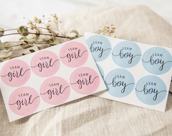Baby shower stickers, team boy/team girl, blue/pink, baby, 6 pieces for gender reveal