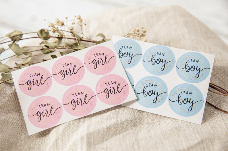 May include: Two sheets of stickers with a gender reveal theme. One sheet has six pink circles with gold glitter and the text "TEAM girl" in black script. The other sheet has six blue circles with gold glitter and the text "TEAM boy" in black script.