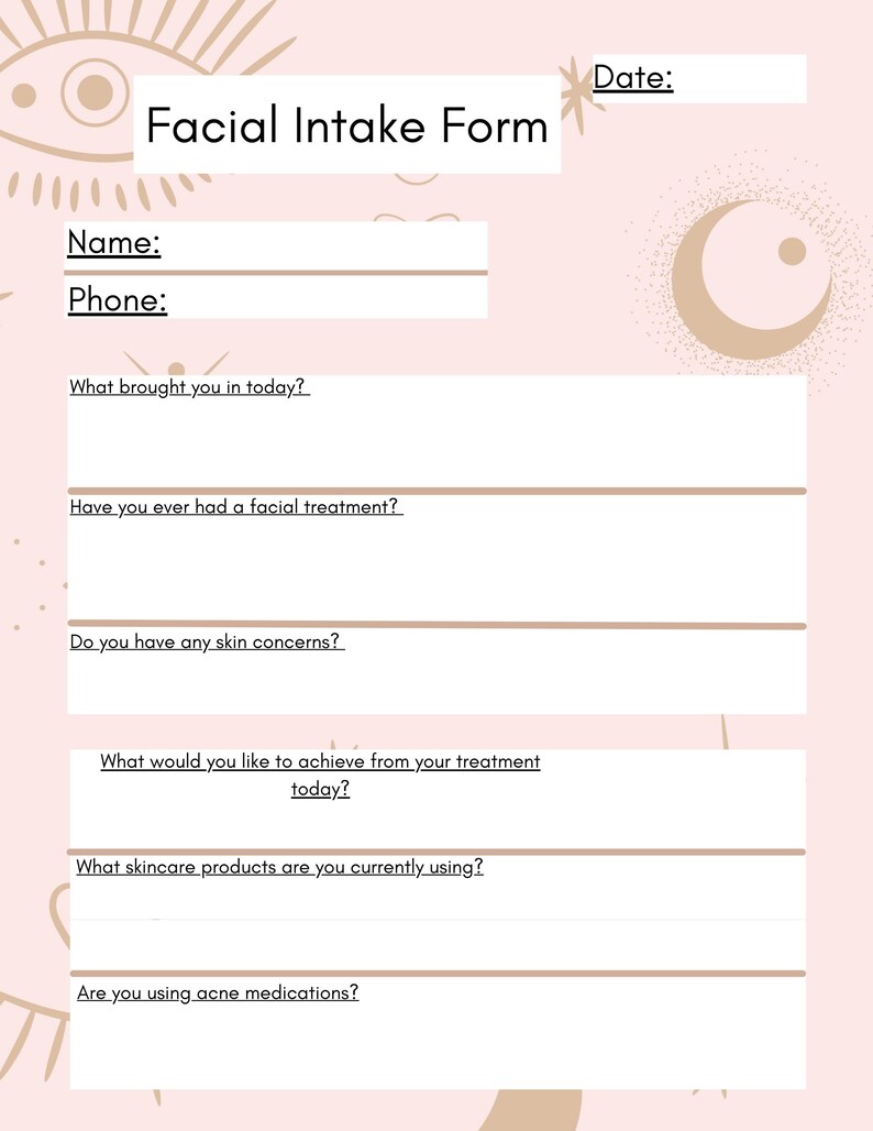 Facial Intake Form 8.5X11 in Digital Download PDF Spa Form | Etsy