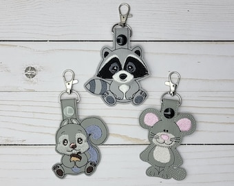 Raccoon Keychain, Squirrel Key fob, Mouse Bag Tag
