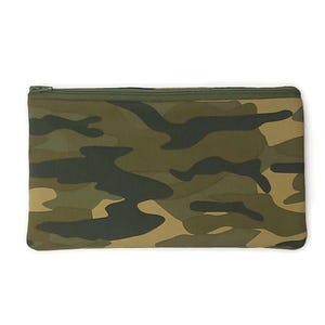 May include: A green, brown, and tan camouflage zippered pouch.