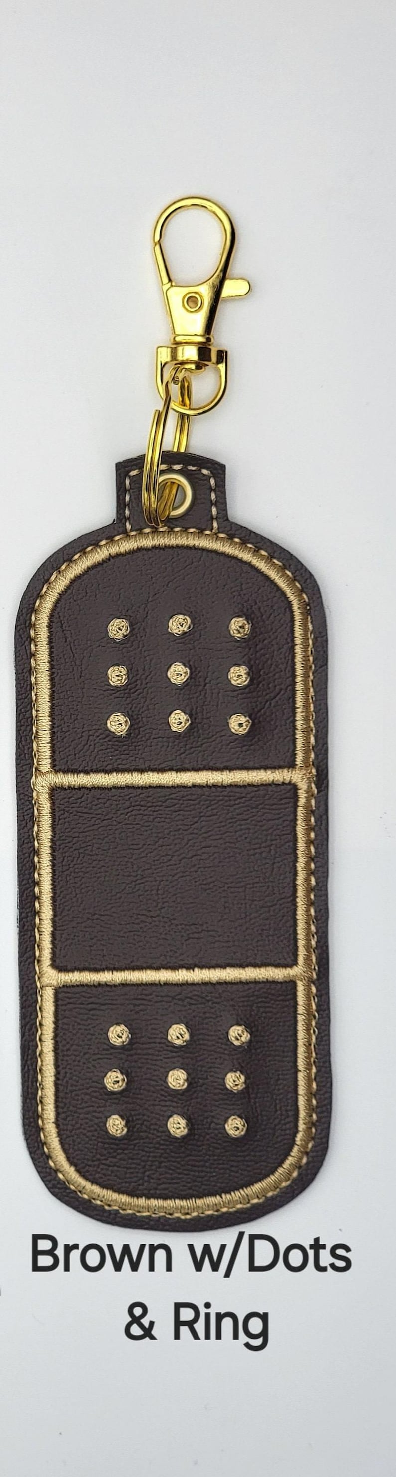 Bandage Holder Keychain: First Aid Pouch with Bandage, Band-Aid Case Brown w/Dots & Ring