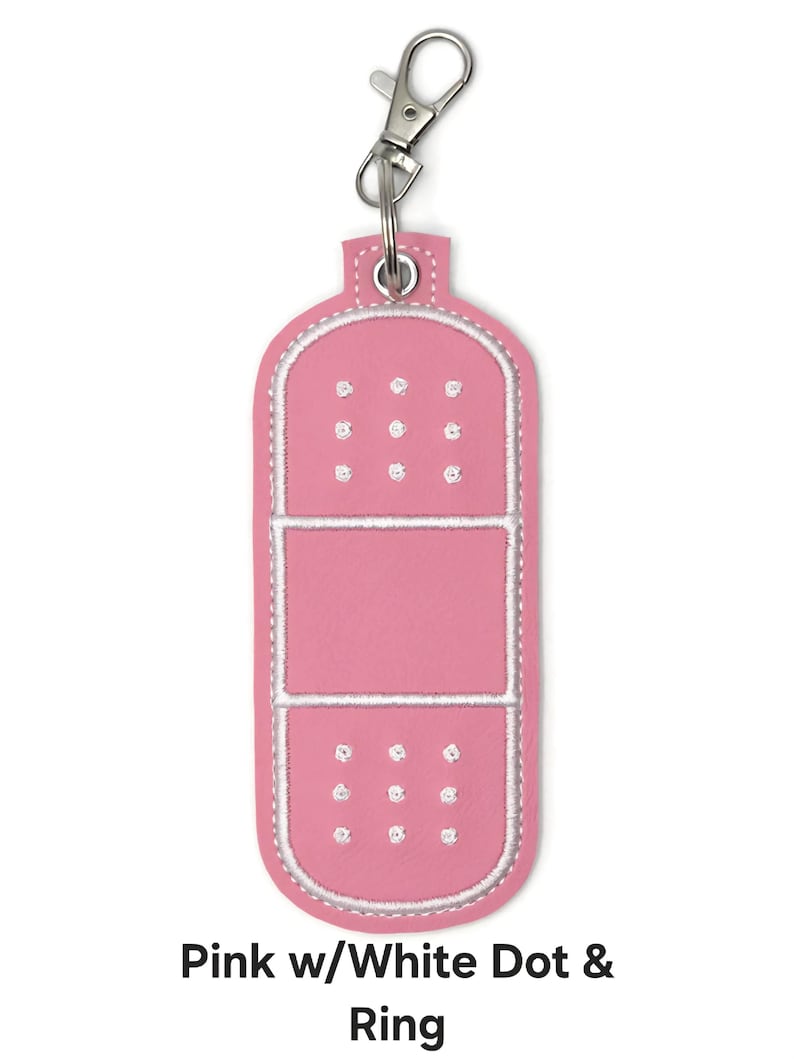Bandage Holder Keychain: First Aid Pouch with Bandage, Band-Aid Case Pink w/Wh Dot & Ring