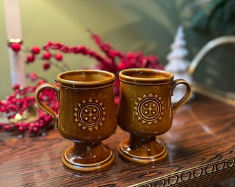 Mid Century Amber Brown Sun Burst Ceramic Goblets/ Wiccan Mugs / Hot Chocolate Mugs Pair