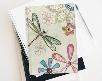Cuaderno con diseño floral de libélulas / Cuaderno rayado, diseño de jardín en tonos pastel