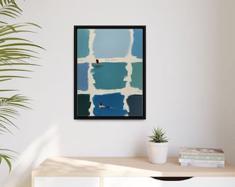 Cuadro con marco mate de una nadadora con muestras de pintura azul