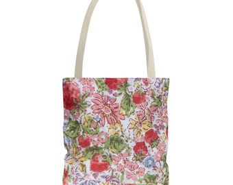 Bolso tote con estampado floral de fresas / Estampado de jardín en acuarela