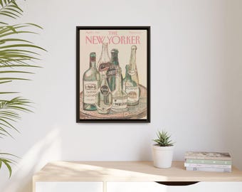 Impresión en lienzo mate con diseño de botellas de champán vintage de The New Yorker, enmarcada.