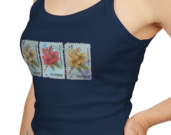 Top corto con spalline sottili e stampa floreale vintage a trio botanico.