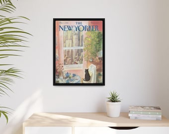 Gato negro mirando por la ventana, impresión en lienzo mate enmarcada / Portada de The New Yorker