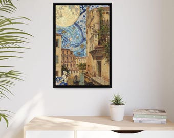 Venetian Canal Moonlight Matte Canvas Framed | Cityscape Wall Art