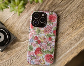 Funda resistente con estampado floral de fresas / Funda para teléfono con diseño de frutas en acuarela