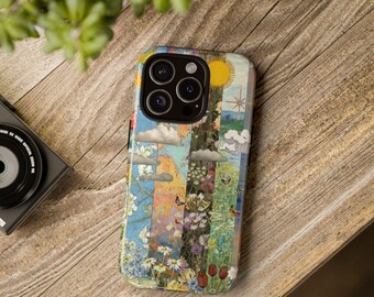 Funda para teléfono con collage floral vintage y nubes de sol / Funda resistente para teléfono