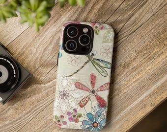 Funda para teléfono con estampado floral de libélulas / Funda resistente