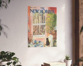 Black Cat Window Scene Matte Vertical Poster | New Yorker Cover Art