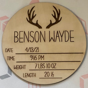 Woodland baby announcement disc - antlers - name date time weight height