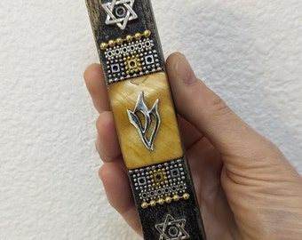 Silver Shin and Silver Jewish Star Black Mezuzah (5.75x1x.75")