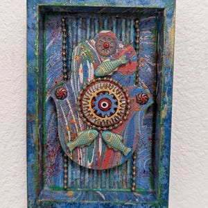 Fish & Eye Hamsa Assemblage | Small Sacred Wall Art | Protection Symbol | Mixed Media Shrine | Turquoise Gold Spiritual Decor