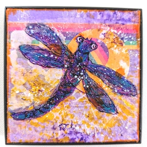 Dragonfly Mixed Media Mini-Painting, Bright Purples & Oranges, Hand detailed dragonfly, 4x4&quot;