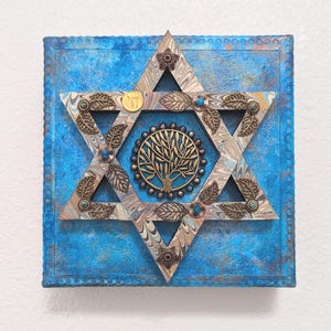 Handcrafted Judaica: Jewish Star Cutout with Tree of Life (Brass, Copper, Blues)