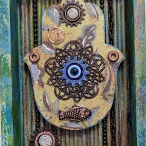 Green, Teal, Bronze, and Copper Hamsa Assemblage, Spiritual Protection Art