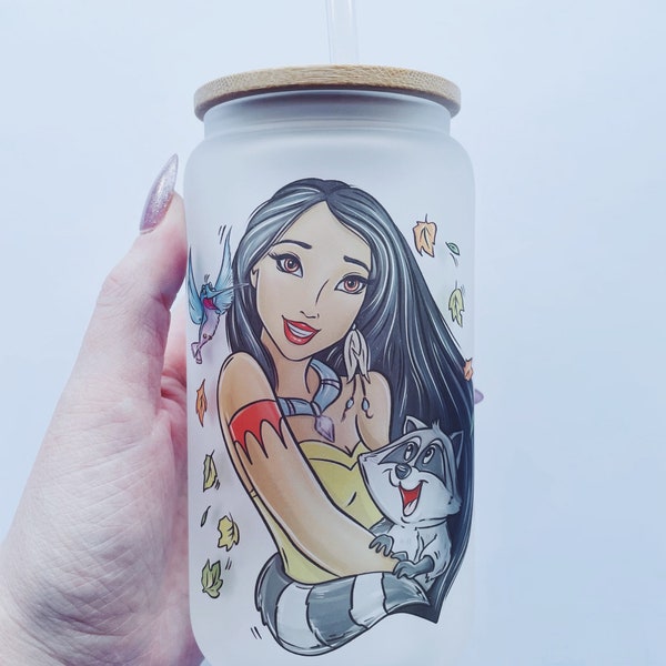 Pocahontas Glass  Can, Iced Coffee Glass with Bamboo Lid and Straw, Disney Coffee Glass Cup, Disney Princess Cup, Custom Tumbler,
