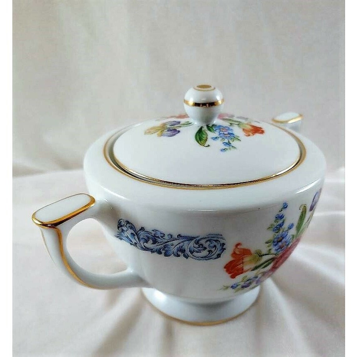 Aichi China Sugar Bowl w lid Occupied Japan Blue Floral Gold Etsy