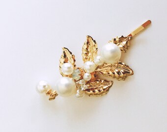 Gold Pearl Rhinestone Floral Hair Pins para novia -Accesorios para el cabello de boda l Regalo de damas de honor l Regalo de boda para ella