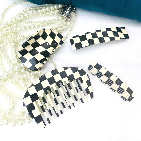 Checkered Chignon Hair Clip l Large claw clip l Acetate Checker Hair Comb l Minimalist Handmade Barrette , Strong Spring -French Style Clip